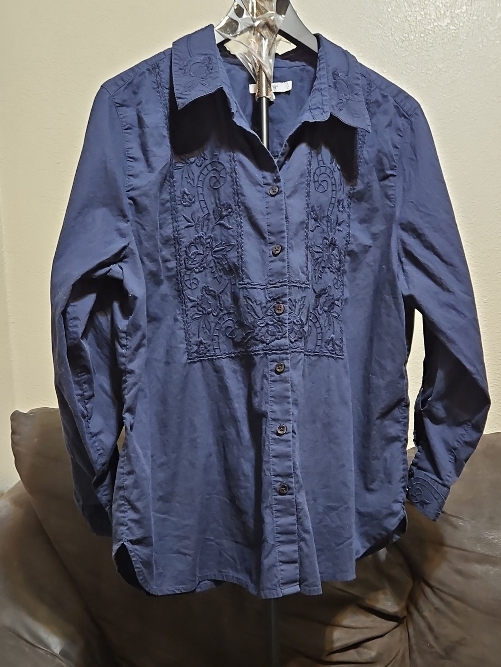 Women's Navy Embroidered Button-Up Shirt
